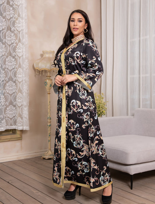Printed Long Belt Dress Ramadan New Dubai Muslim Women