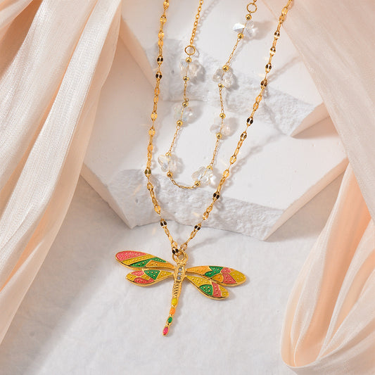 Colorful Dragonfly Beaded Necklace | Titanium Steel Pendant