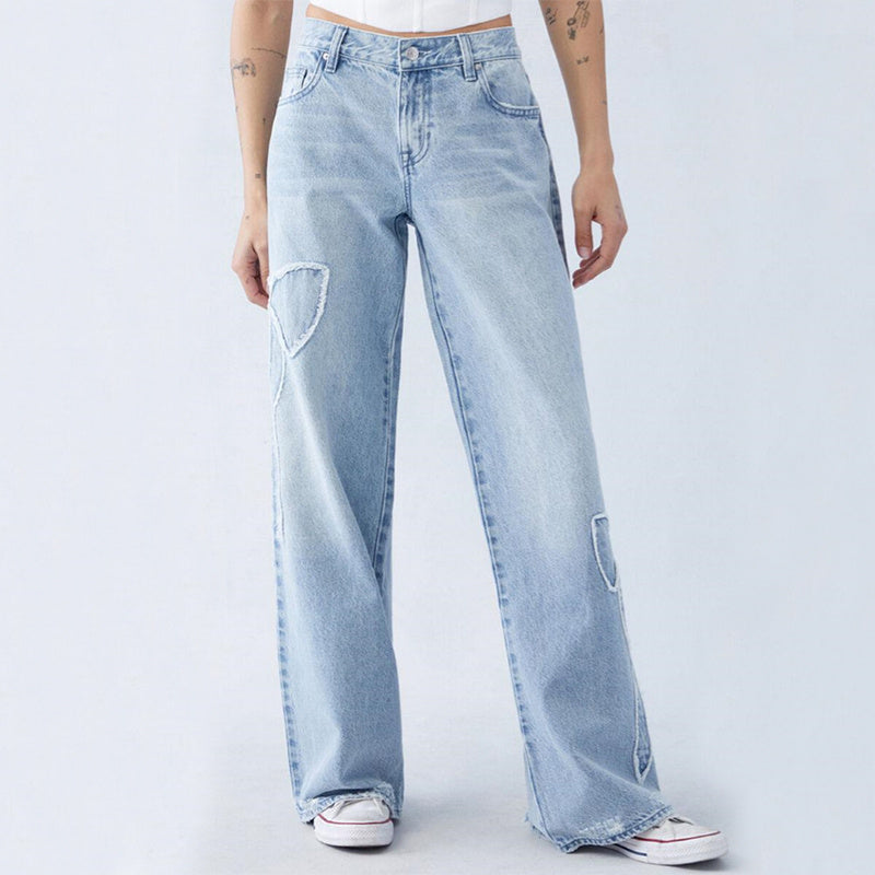 Gerade Hose für Damen, bestickte, seitlich ausgefranste Schmetterlingsjeans, Street-Design, Hot Girl Baggy Pants
