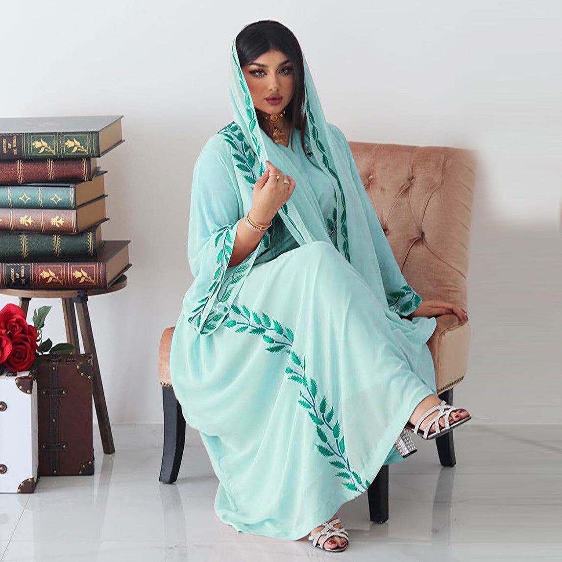 Chiffon Long Muslim Embroidered Crew Neck Dress With Headscarf