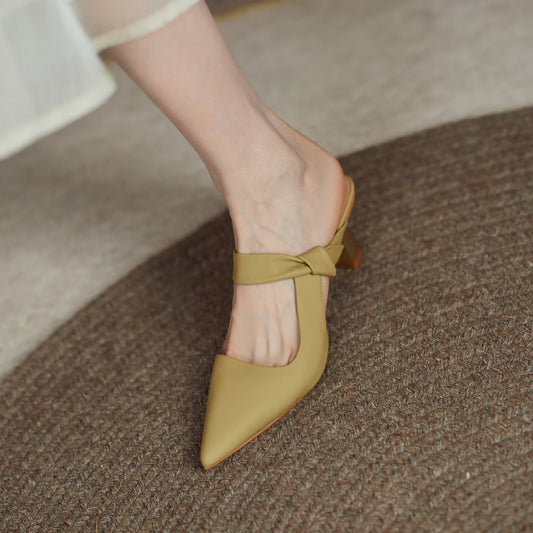 Full Leather High Heel Slippers Women Soft And Comfortable Sheepskin Pointed Toe Women's Shoes
