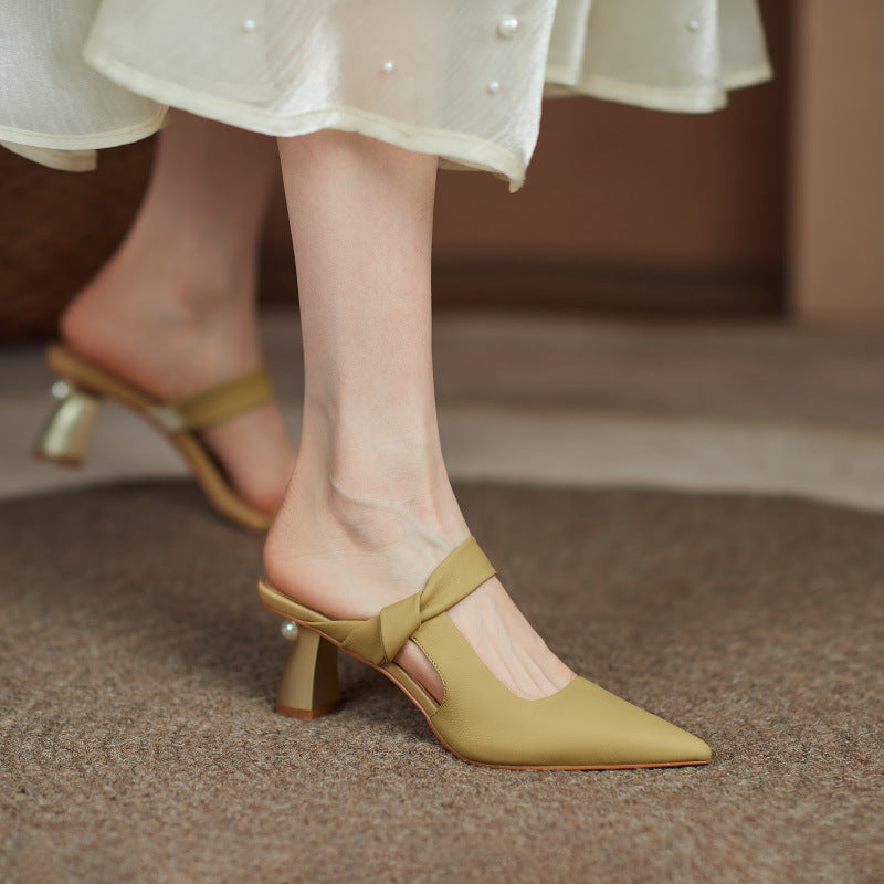Full Leather High Heel Slippers Women Soft And Comfortable Sheepskin Pointed Toe Women's Shoes
