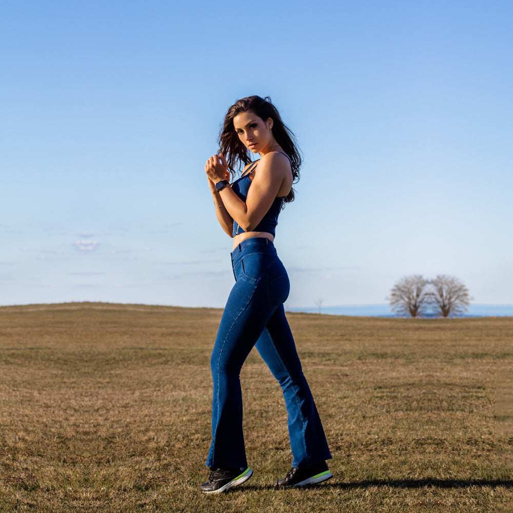 Straight Peach Jeans Black Elastic Mid-waist Wide Leg Butt-lift Underwear