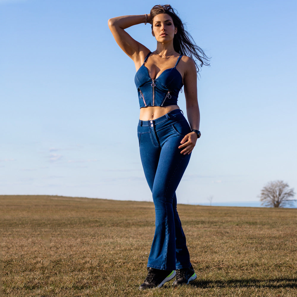 Straight Peach Jeans Black Elastic Mid-waist Wide Leg Butt-lift Underwear