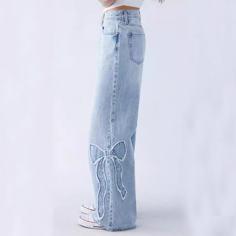 Gerade Hose für Damen, bestickte, seitlich ausgefranste Schmetterlingsjeans, Street-Design, Hot Girl Baggy Pants