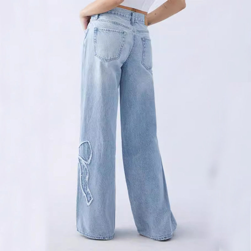 Gerade Hose für Damen, bestickte, seitlich ausgefranste Schmetterlingsjeans, Street-Design, Hot Girl Baggy Pants