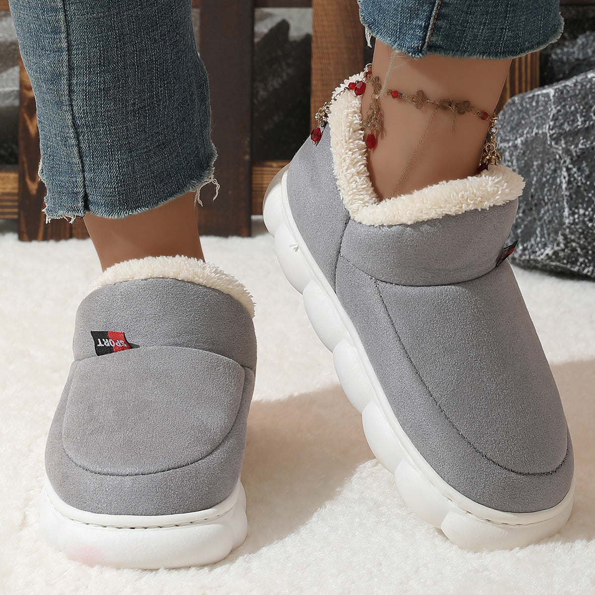 Winter Plush Cotton Shoes Unisex Warm Suede House Shoes For Parents Solid Color Thick-soled Garden Shoes Outdoor