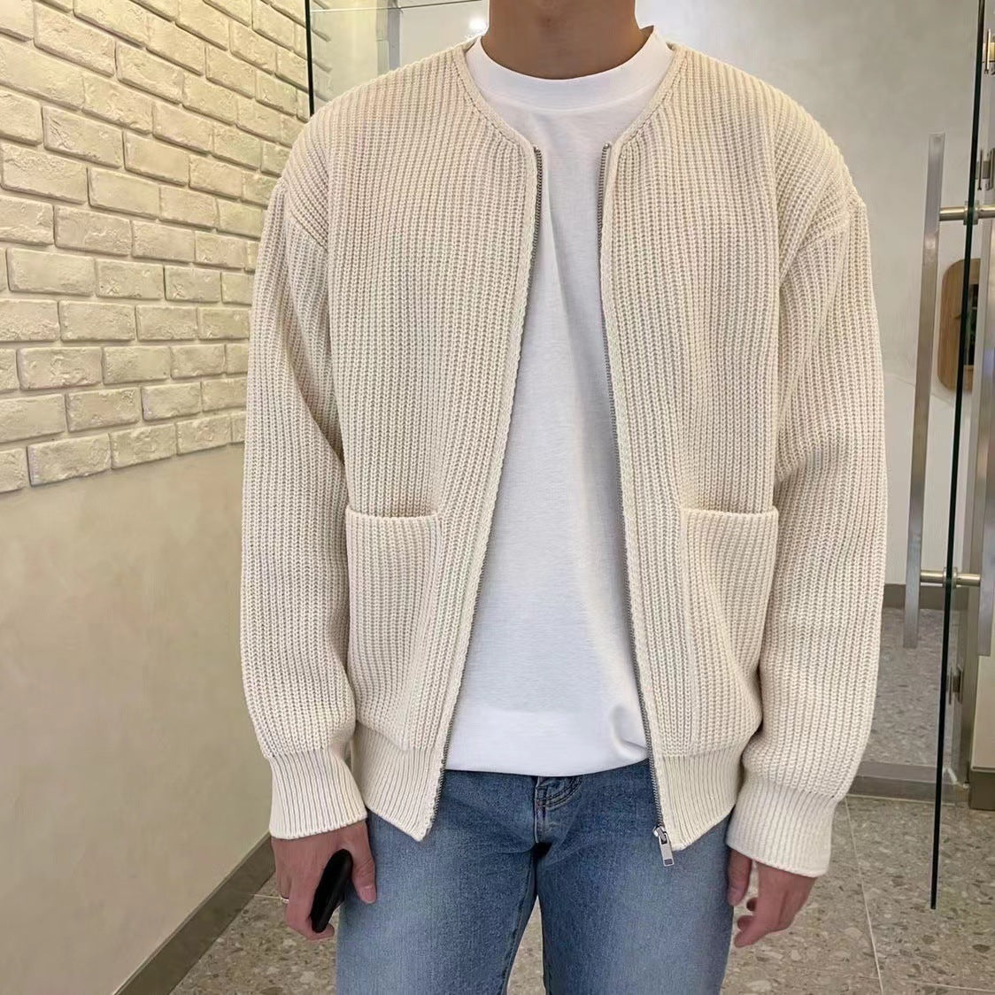 Men Zip Up Knitted Cardigan Sweater