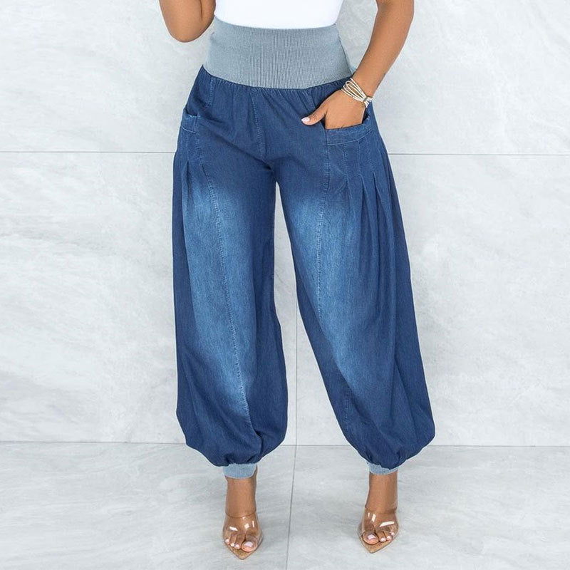 Summer Thin Loose Wide-leg Pants Harem Pants Elastic Waist Denim Trousers Women