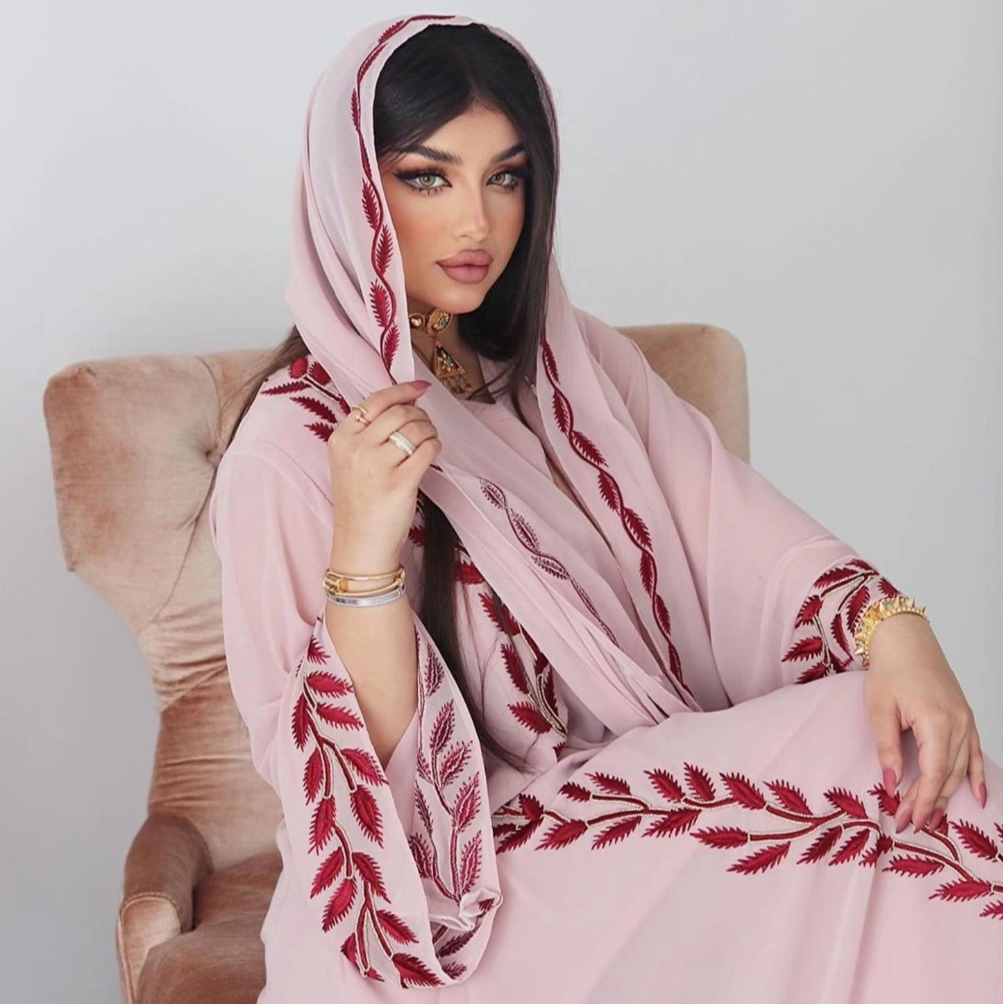 Chiffon Long Muslim Embroidered Crew Neck Dress With Headscarf