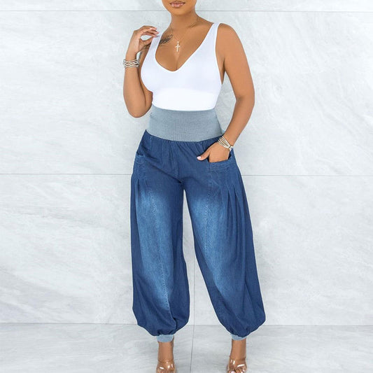Summer Thin Loose Wide-leg Pants Harem Pants Elastic Waist Denim Trousers Women