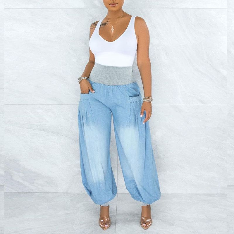 Summer Thin Loose Wide-leg Pants Harem Pants Elastic Waist Denim Trousers Women