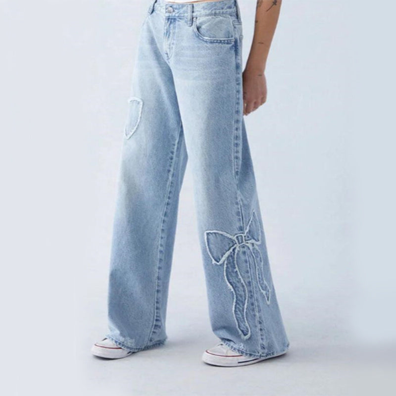 Gerade Hose für Damen, bestickte, seitlich ausgefranste Schmetterlingsjeans, Street-Design, Hot Girl Baggy Pants