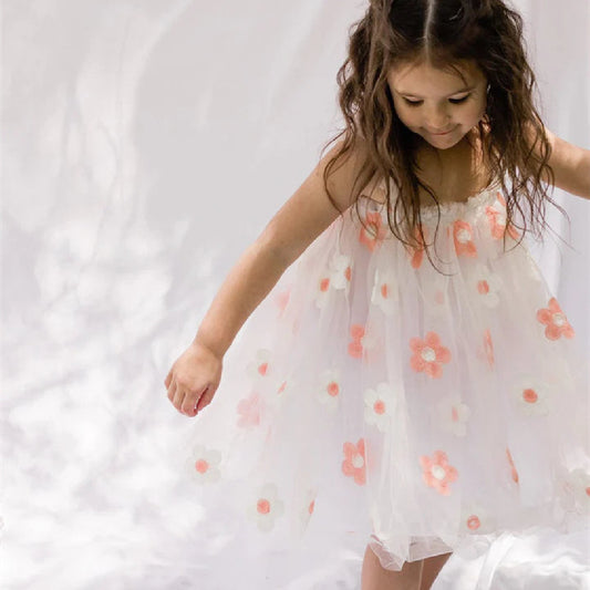 Halter Vest Girl Embroidery Floral Mesh Dress