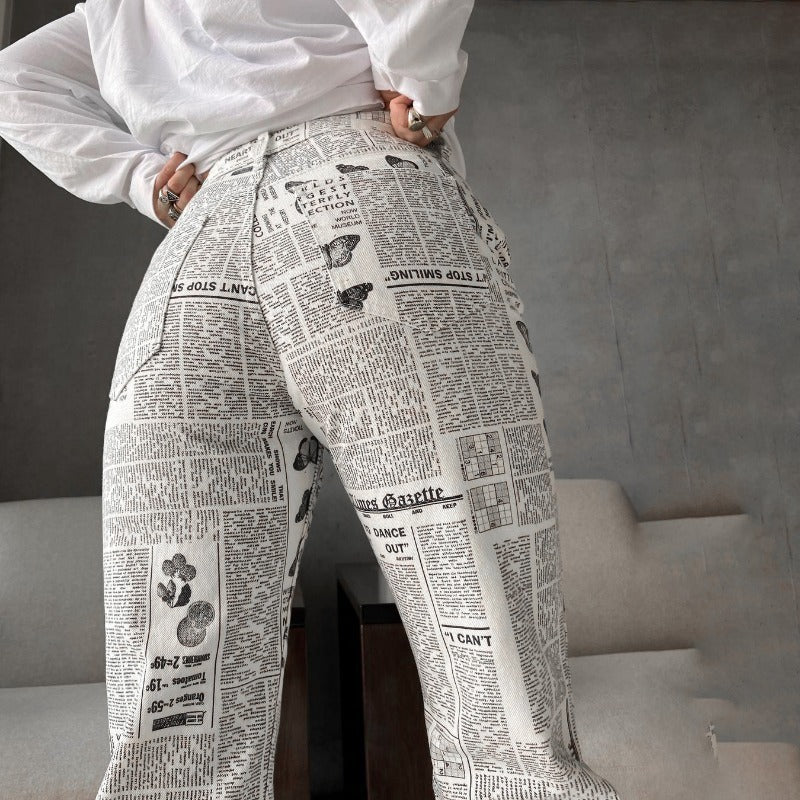 Frau Mode Beige Print Gerade Hosen Patchwork Hosen