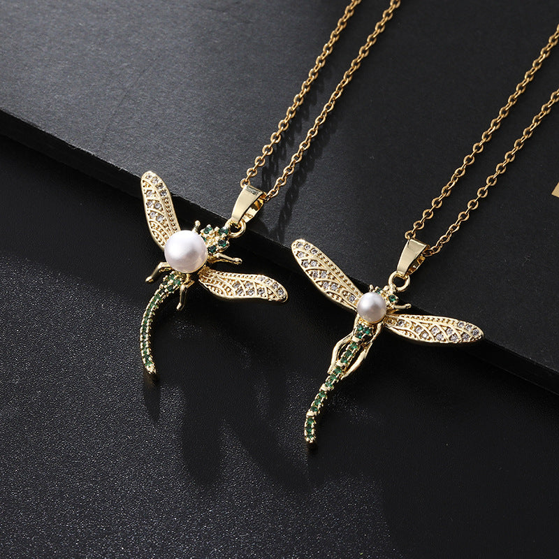 Pearl Zircon Dragonfly Necklace | Colorful Fashion Pendant